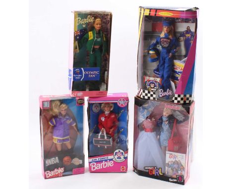 5 boxed Mattel Barbie Dolls, with specific examples including Air Force Barbie, NBA Barbie, Olympic Fan Sydney 2000, and othe