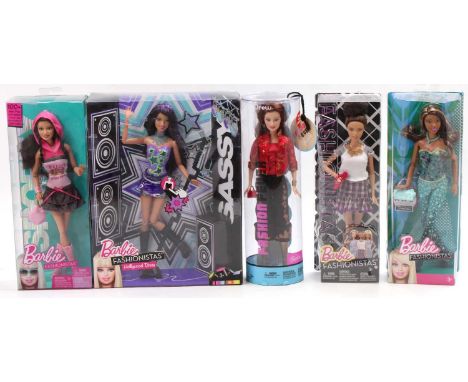 5 boxed Mattel Barbie Dolls Fashionistas Issues, with examples including Sporty Barbie, Hollywood Divas, and others
