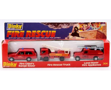 Dinky Toys No. 304 Fire Rescue gift set containing 3 models comprising a Range Rover Fire Service Car in red with blue roof l