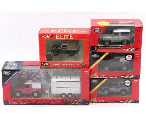 Five various boxed Britains Landrover related boxed diecasts, all 1/32 scale to include a Landrover Sheep Farmer gift set, to