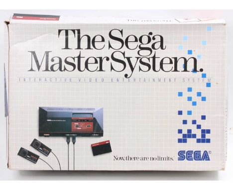 A Sega Master System interactive video entertainment system boxed console, comprising of power base system, two control pads,