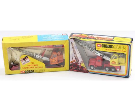 2 Corgi Major Toys construction vehicles comprising No. 1153 Priestman Boom Crane with Grab, finished in orange with a red ba