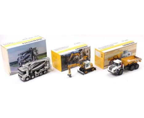 NZG and Conrad 1/50th scale Earth Moving and Construction diecast group, 3 examples to include NZG No.652 HTM 804 LTB Truck M