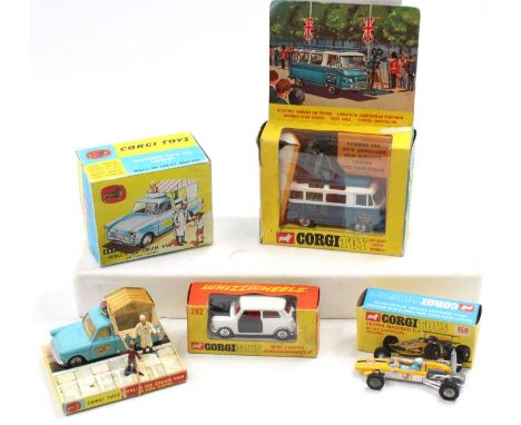 Corgi Toys boxed model group of 4 comprising No. 479 Samuelson's Film Service camera van, blue and white body with spun hubs,