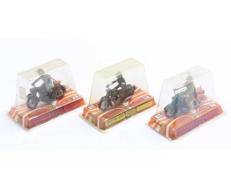 Three various bubble packed Britains military motorcycles to include No. 9682 US Army Motorcycle Despatch, No. 9698 British A