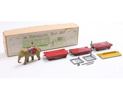 Charbens Series travelling zoo gift set, comprising elephant-drawn cage group fitted with red bases and wheels, with base met
