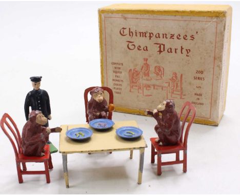 F.G. Taylor, Set No. 179 - Chimpanzees Tea Party, comprising keeper, 3 chimps, table, 3 plates, 3 chairs and bucket, housed i