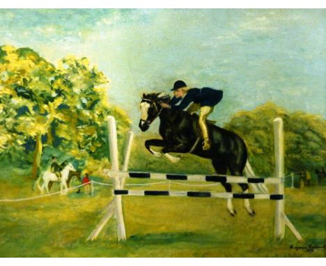 A gilt framed oil on board study depicting an equestrian scene and a coloured print 'The Arbor'