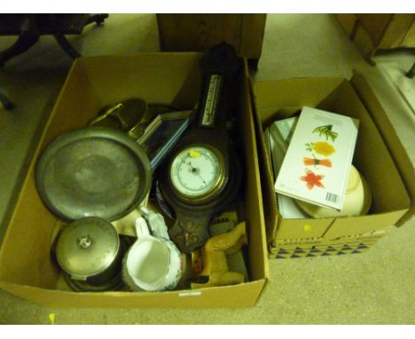 Two boxes containing an oak aneroid barometer; a pewter spot hammered pedestal bowl; various decorative china etc. 