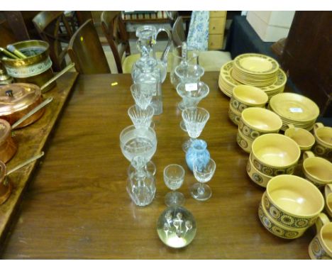 A quantity of various glassware to include a large jug, decanter and stopper, various drinking glasses etc.
