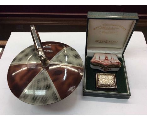 Miniature silver music box, ceramic pill box and an Art Deco dressing table powder pot