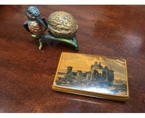 Mauclineware snuff box together with a cold painted metal kingfisher model