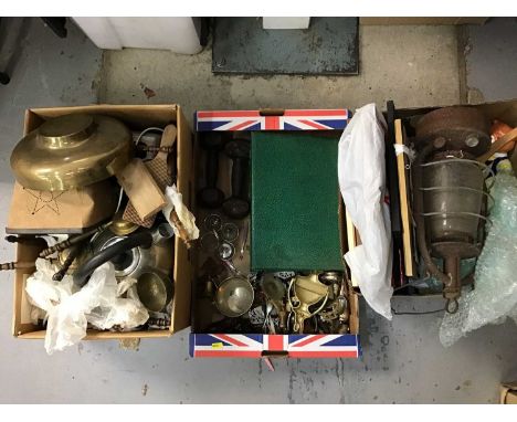 Tilley lamp, cutlery, brass ware and plated ware