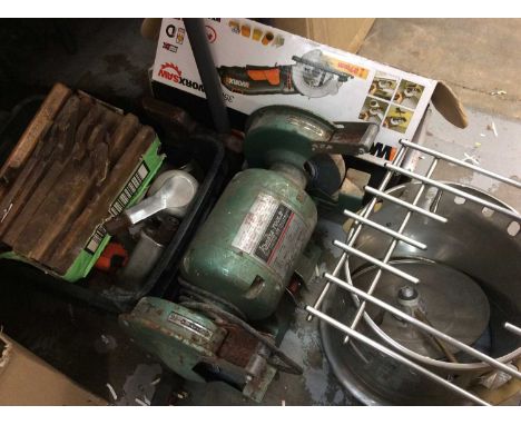 Mixed tools including Worx electric hand saw and bench grinder