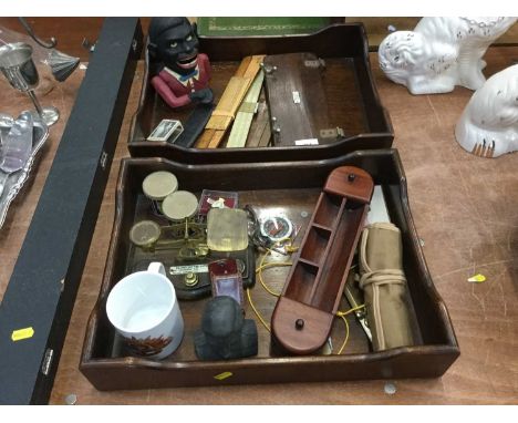 Two stationary trays together with with brass letter scales and sundry items