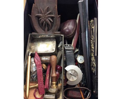 Wax seals, coins, pipe, two wristwatches, fans and sundries