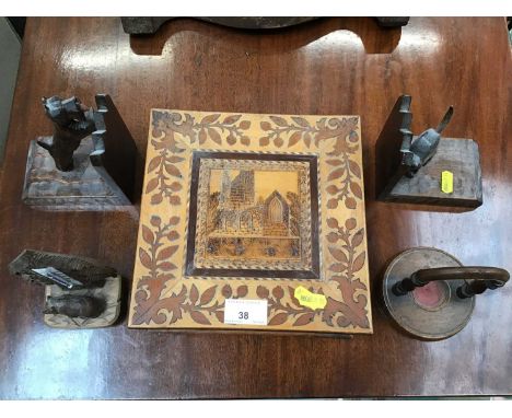 Group of Treen items to include carved Black Forest thermometer, box with inlaid and poker work decoration and other items (q