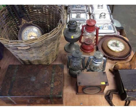 Stow Green wicker log basket, wall barometer, wooden work box, clocks, vintage lanterns and sundries