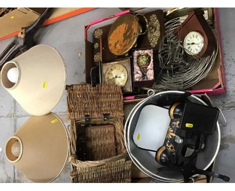 Set kitchen scales, bass gong, mantle clock, small wicker hamper, two table lamps and sundries