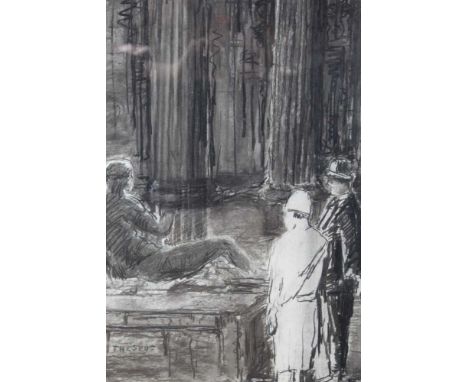 English School, 1930s/40s period lithograph - a Museum interior with lady and gentleman viewing a sculpture of Theseus, in gl