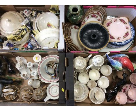 Quantity mixed tea and dinner ware, animal ornaments, ceramic parrot mantle clock, glass light shade and other glassware