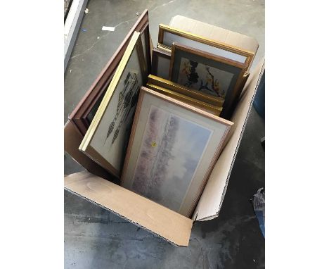 Box of pictures and prints, including a signed Elaine Marshall print