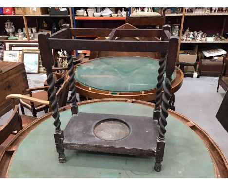 1930's oak stick stand with barley twist legs together with a stick back children's chair and a piano stool with tapestry sea