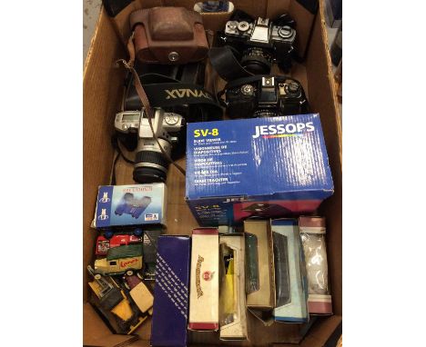 Box vintage cameras including Minolta, together with toy model cars