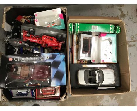 Large collection of teddy bears and 2 boxes of model cars