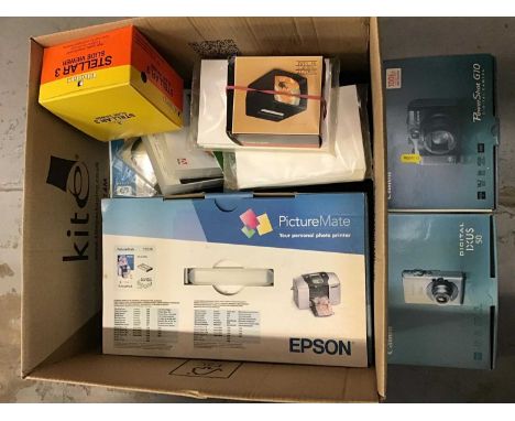 Box of camera equipment and accessories including Canon