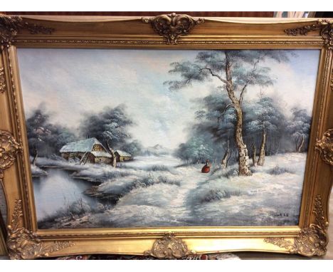 Oil on canvas study of a winter scene together with another of a street scene and a collection of prints in glazed frames (qt