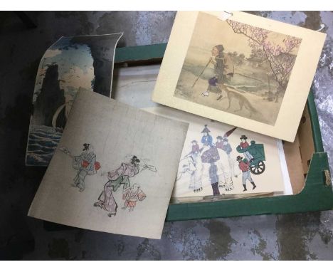 One box of Japanese silk paintings, woodblock prints and other Japanese art works