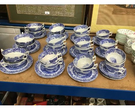 Spode Italian blue and white breakfast cups and saucers and matching soup bowls and stands - 50 pieces
