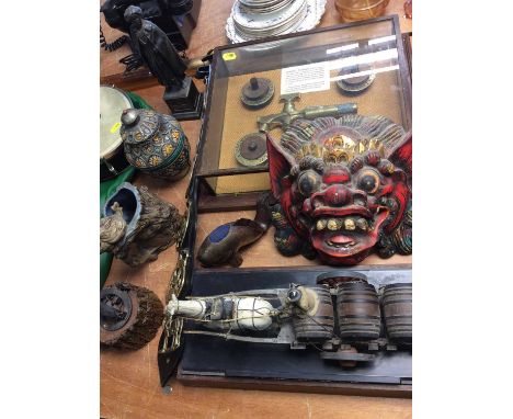 Cased set of barrel and tap bushes, Whitbread Drey model, horse brasses, dragon mask and sundries
