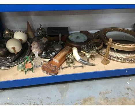 Sundry items, including two gilt mirrors, barometer, painted ostrich eggs, plated trays, etc