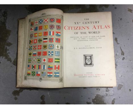 Group of large unframed prints together with a Citizens Atlas of the world by Bartholomew