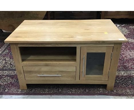 Light oak TV stand with glazed door, shelf and drawer below