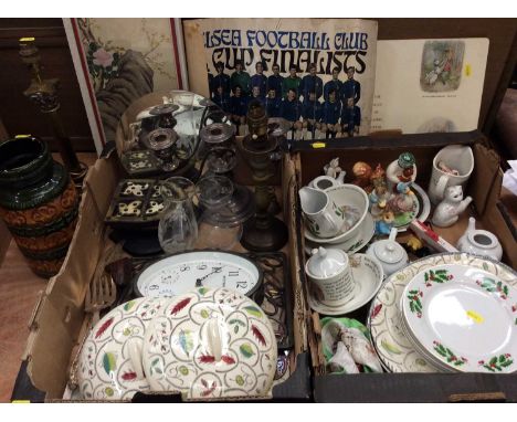 Sundry items, including Beatrix Potter and Snowman figures, brass lamp columns, ceramics, etc