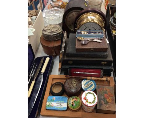 1930s mantle clock, brass cased barometer, cutlery sets and sundries
