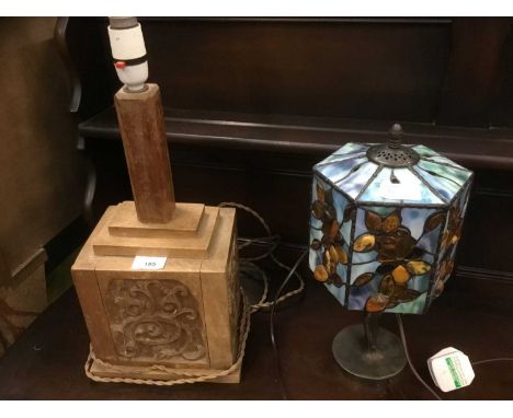 Carved wooden lamp and a Tiffany style lamp