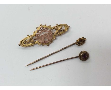 Victorian 9ct gold brooch and two Victorian stick pinsCondition report: 9ct brooch weighs 2.3g. Stick pin mounted with diamon