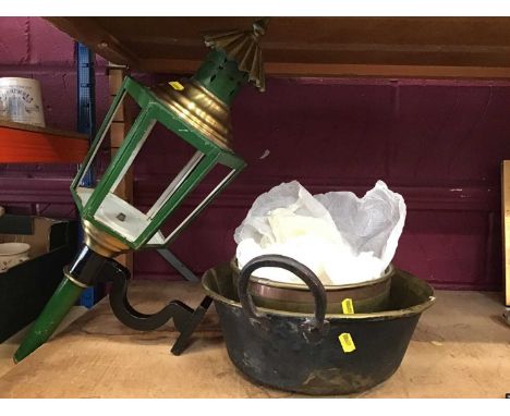 Two brass preserve pans ,carriage lamp and other lamp