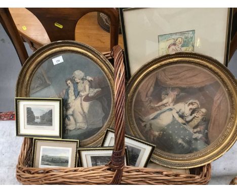 Two 19th century engravings in circular gilt frames, John Doubleday mixed media on paper together with other pictures and pri