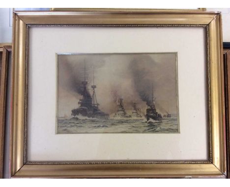 Norman Wilkinson Print of Battle Ships together with watercolour studies- rural scenes and houses 