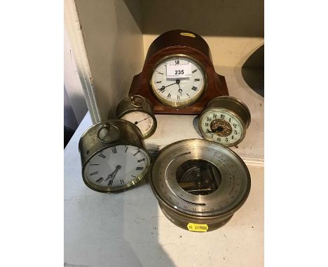 Edwardian mantel timepiece in mahogany inlaid case, two Victorian desk timepieces and two Victorian barometers