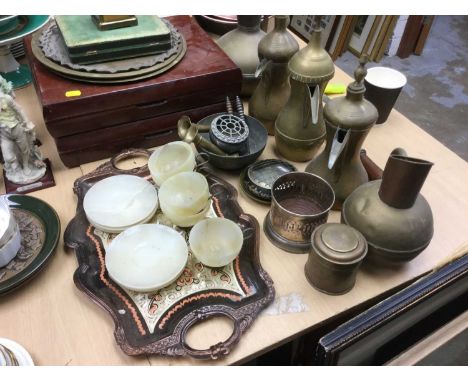 Silver plated cutlery and flatware, various silver plated items, Eastern brass coffee pots and other metal wares