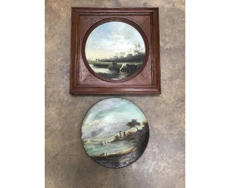 Two similar Victorian hand painted ceramic plates, one framed