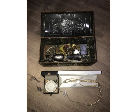TIN BOX WITH ASSORTED ITEMS INC ZIPPO LIGHTER ETC