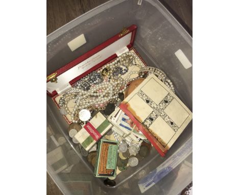 BOX OF ASSORTED COSTUME JEWELLERY AND CIGARETTE CARDS ETC