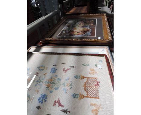 Various modern, framed woodwork and needlework tapestry panels